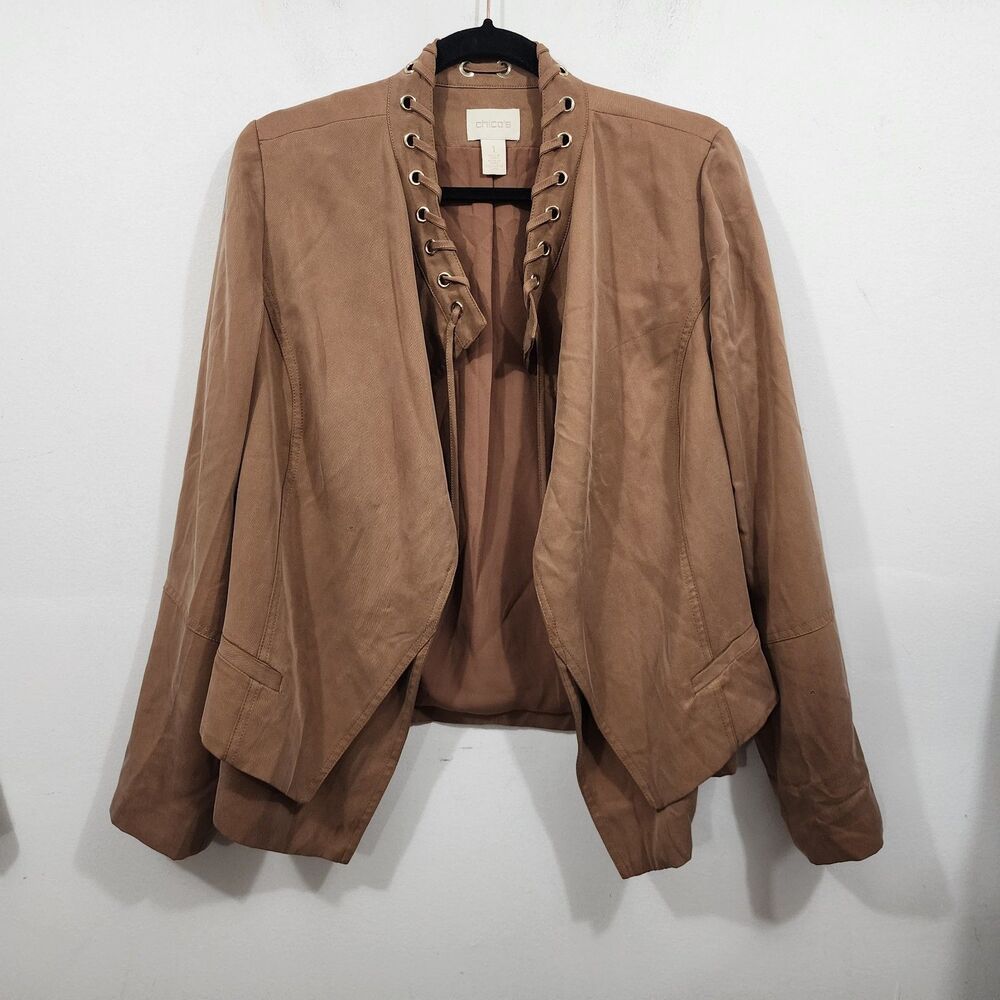 Chicos tan-colored draped open-front jacket lace-up detail Lyocell Size (1) US 8
